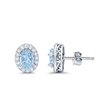 Stud Earrings Wedding Oval Simulated Aquamarine CZ 925 Sterling Silver (11mm)